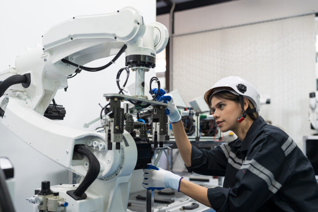 Female engineer control autonomous mobile robot or AMR in the ma