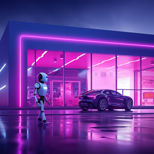 White robot wandering in front of a car dealership, vibrant pink and purple colors illuminate the scene