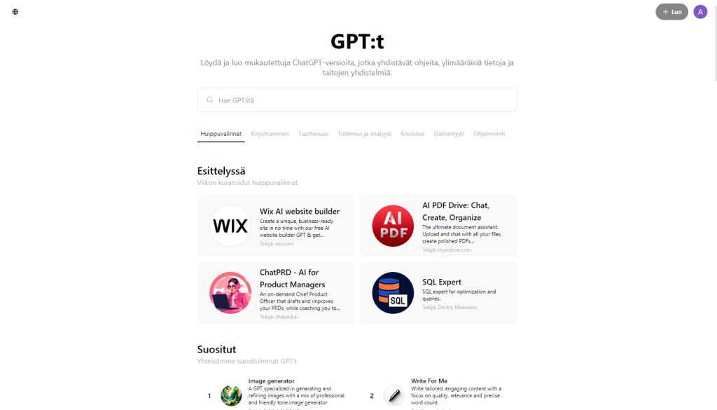 Kuvakaappaus ChatGPT:n GPT hausta. Kuvassa näkyy erilaisia GPT assistentteja erilaisiin tarkoituksiin.